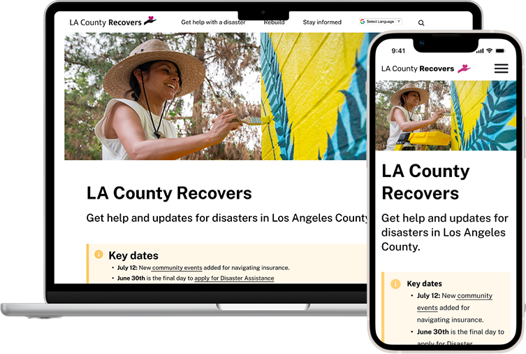 LA County Recovers website mockup shown on a laptop and mobile phone screen