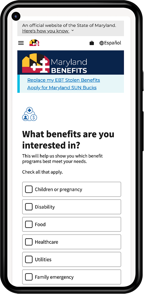 A cellphone showing the Maryland Benefits One Application